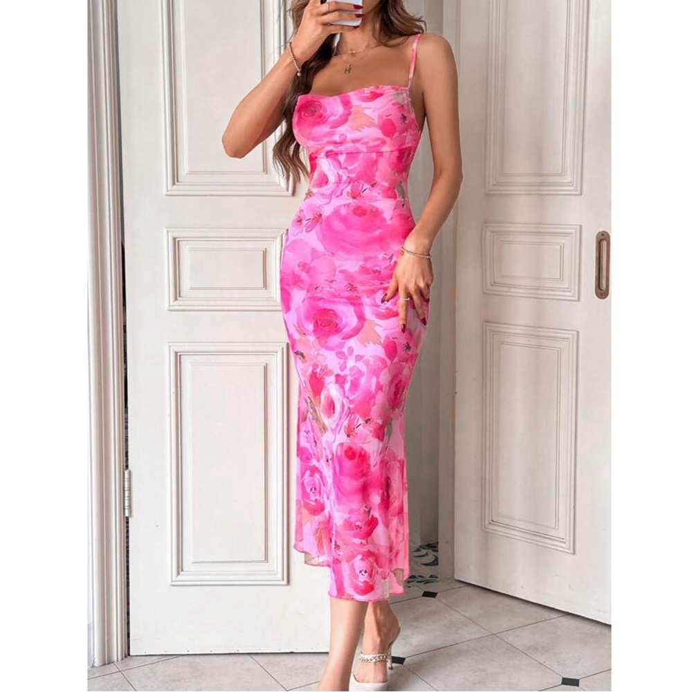 Pink Floral Rose Mesh Maxi Dress - Picture 6 of 7